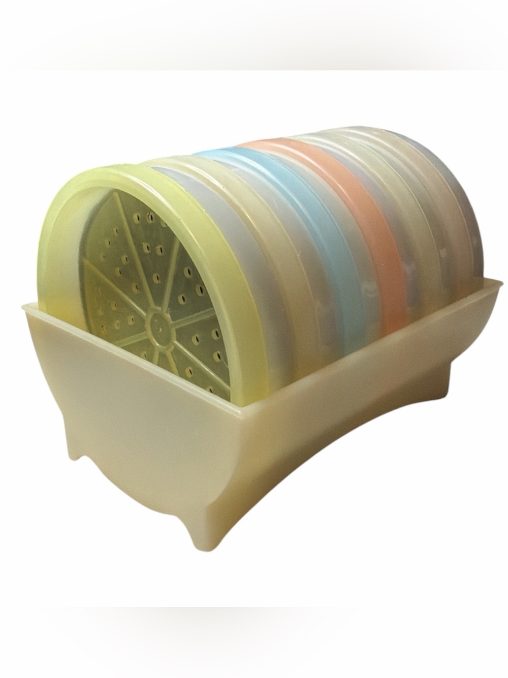 Vintage Tupperware Multi-Color Wagon Wheel Coaster Set of 6- With Tray
